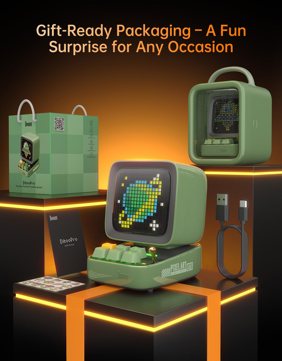 Divoom Ditoo Retro Pixel Art 15W Bluetooth Speaker,Cute Speaker with Alarm,White Noise & Mini Games,Iconic Desk Setup Speaker with 16X16 LED App Controlled Front Screen,Gifts for Anyone (Pink)
