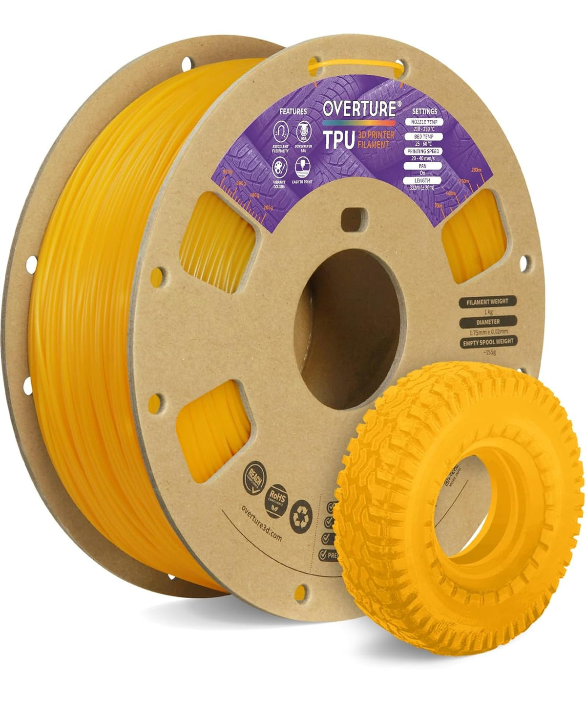 OVERTURE TPU 95A Flexible 3D Printer Filament 1.75mm, 1kg Black