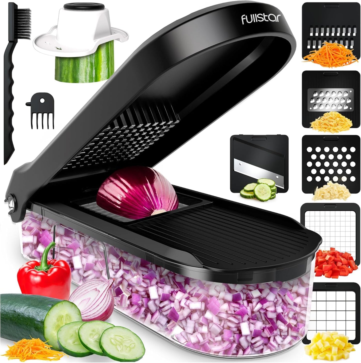 Fullstar Mandoline Slicer for Kitchen - Vegetable Chopper, Onion Potato Food Veggie Fruit Slicer and Cutter with Container, Kitchen Gadgets & Gifts, Home Essentials (10-in-1, White/Black)