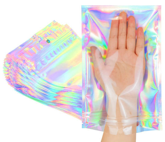 Smell Proof Bags & Resealable Foil Pouch Mylar Sample Bag Great for Party Favor Food Storage (Holographic Color) (50pcs-6x9 inch)