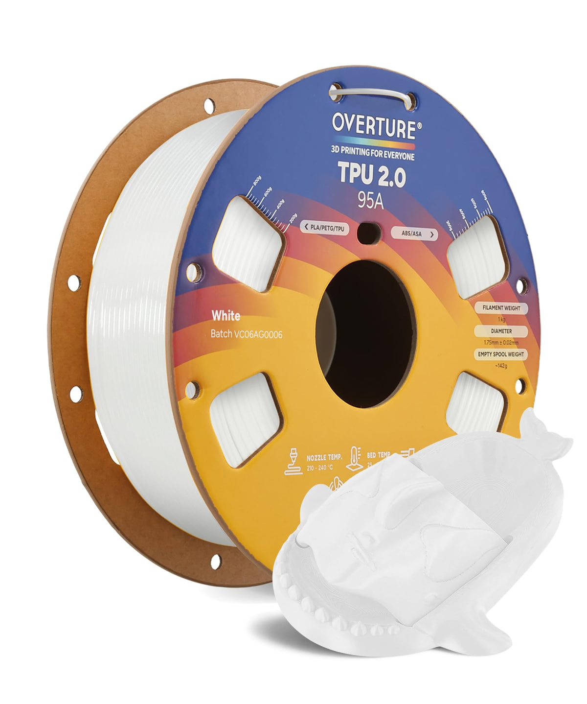 OVERTURE TPU 95A Flexible 3D Printer Filament 1.75mm, 1kg Black