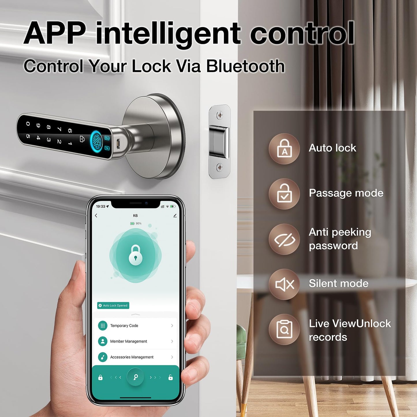 Fingerprint Door Lock- Smart Door knob,biometric Door Lock，with passcode keypad keyless Entry Door Handle，for Bedroom Home Hotel Office Apartment (Black with APP)