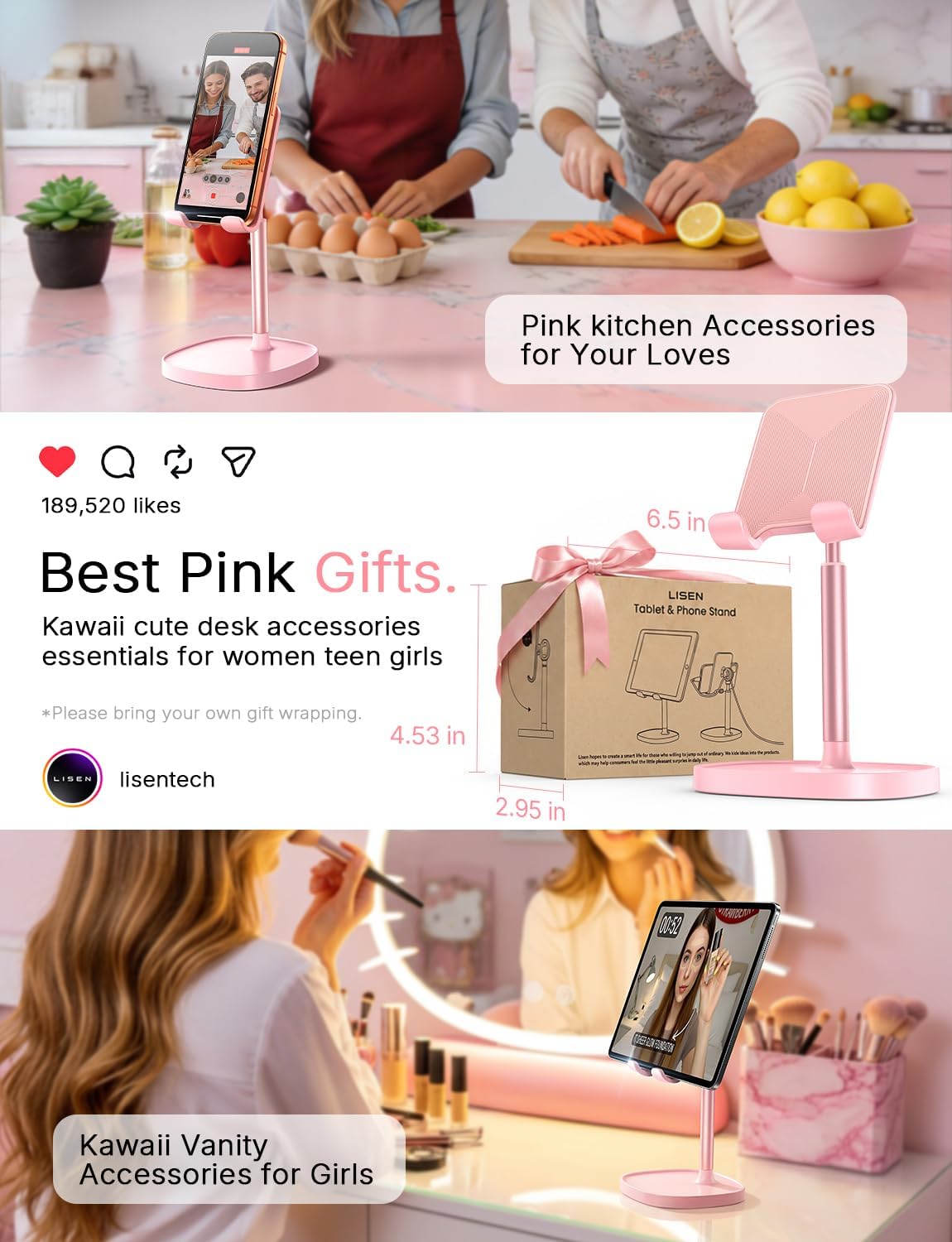 LISEN Desk Phone Stand Holder, iPhone Stand Pink Gifts for Women Girls