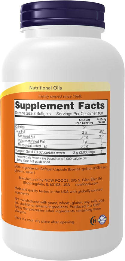 NOW Supplements, Pumpkin Seed Oil 1000 mg, Cold Pressed, 200 Softgels