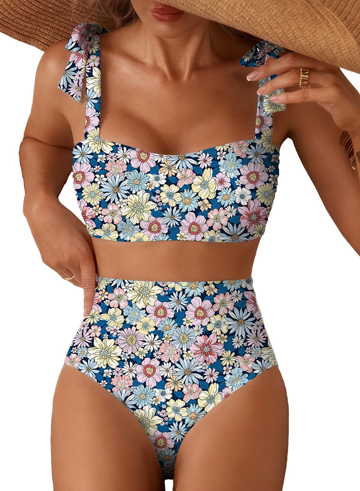 Herseas Women's Tie Shoulder Bikini Sets 2 Piece High Waisted Swimsuits