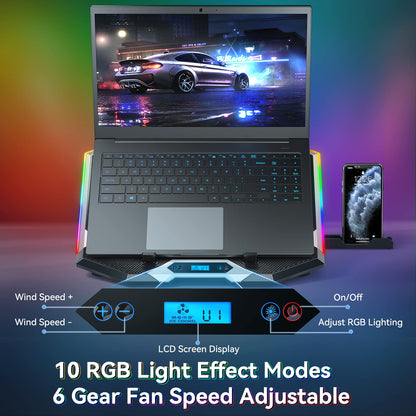 ICE COOREL Gaming Laptop Cooling Pad 15-17.3 Inch, Laptop Fan with 6 RGB Cooling Fans, Laptop Cooling Stand with 6 Height Adjustable, Laptop Cooler with LCD Screen, 2 USB Ports, Phone Stand