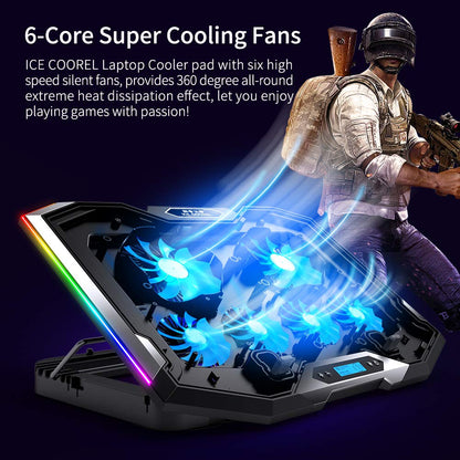 ICE COOREL Gaming Laptop Cooling Pad 15-17.3 Inch, Laptop Fan with 6 RGB Cooling Fans, Laptop Cooling Stand with 6 Height Adjustable, Laptop Cooler with LCD Screen, 2 USB Ports, Phone Stand