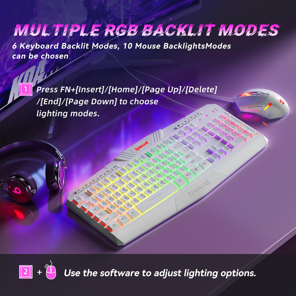 Redragon S101M-KS Gaming Keyboard and Mouse Wireless with Tri-Mode, RGB Keyboard and 4800 DPI Gaming Mouse, 10 Independent Multimedia Keys for Wins, PC, Computer, Wireless S101 Ideal for Gamer
