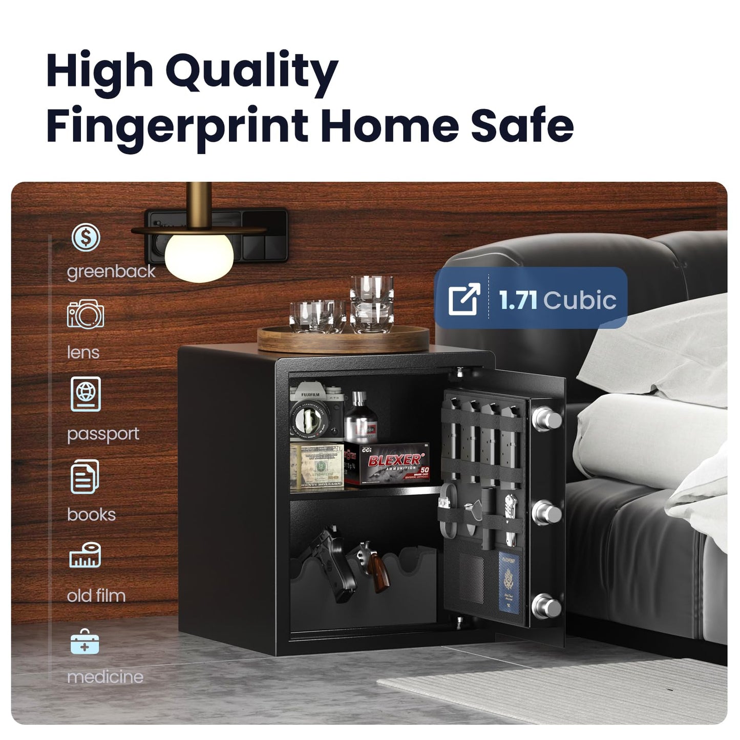 Grimtron Smart Biometric Safe - (0.80 cu. ft.) Fingerprint Lock Box with Silent Mode, Backlit Keypad and LED Light, Small Caja Fuerte with Anti-Rust and Anti-Theft