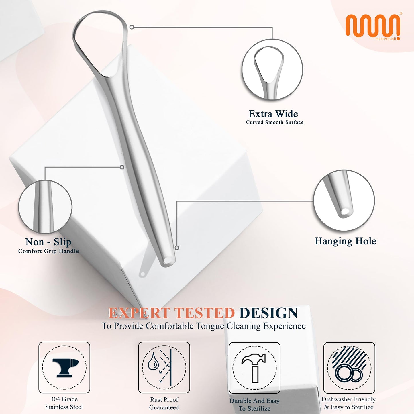 MasterMedi Tongue Scraper for Adults with Multicolor Travel Cases (2 Pack), 100% Stainless Steel, Reduce Bad Breath, Tongue Scrubber, Easy to Use, Tongue Cleaner for Oral Care & Hygiene