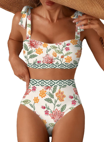 Herseas Women's Tie Shoulder Bikini Sets 2 Piece High Waisted Swimsuits