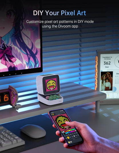 Divoom Ditoo Retro Pixel Art 15W Bluetooth Speaker,Cute Speaker with Alarm,White Noise & Mini Games,Iconic Desk Setup Speaker with 16X16 LED App Controlled Front Screen,Gifts for Anyone (Pink)
