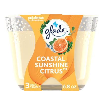 Glade Scented 3-Wick Candle Jar, Coastal Sunshine Citrus, Fragrance Infused with Essential Oils, 6.8 oz