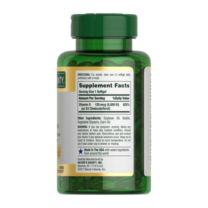 Nature's Bounty Vitamin D3, Immune Support, 125 mcg (5000iu), Rapid Release Softgels, 240 Ct (package may differ)