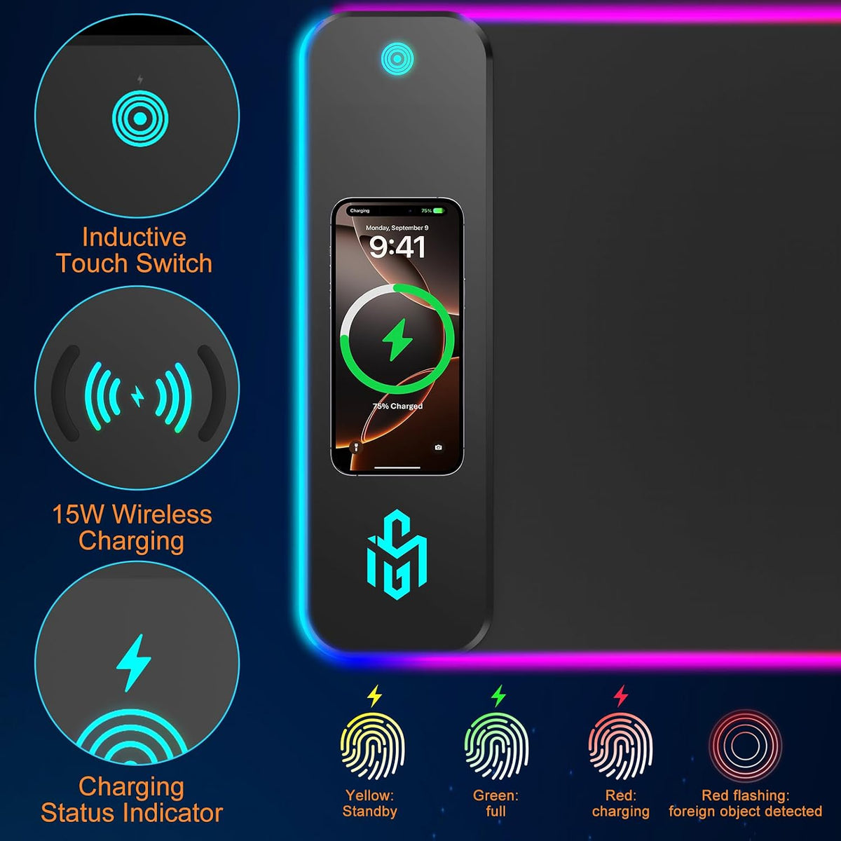TARKARI Mouse Pad Gaming Wireless Charging, 800x300x4mm, Black
