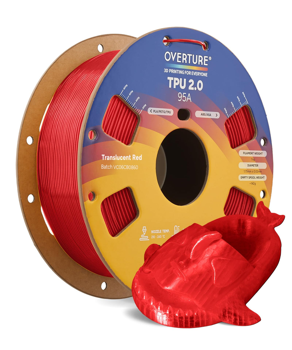 OVERTURE TPU 95A Flexible 3D Printer Filament 1.75mm, 1kg Black