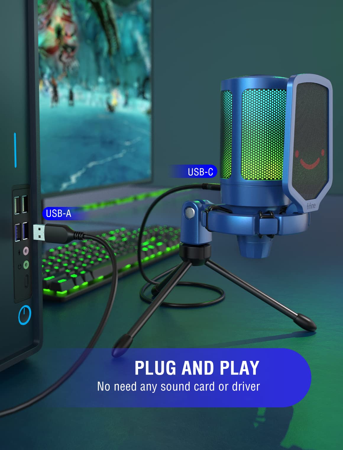FIFINE AmpliGame A6V USB Gaming Microphone, Condenser RGB Mic for Streaming