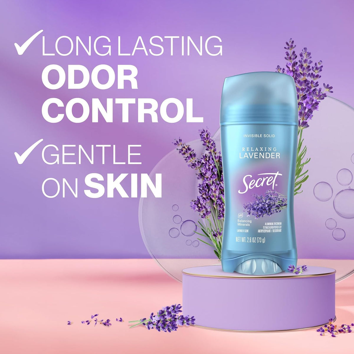 Secret Fresh Antiperspirant Deodorant for Women, 72hr Breathable Sweat & Odor Protection, Instant Freshness & Gentle, PH Balancing Minerals, Clear Gel, Relaxing Lavender Scent, 2.6 oz