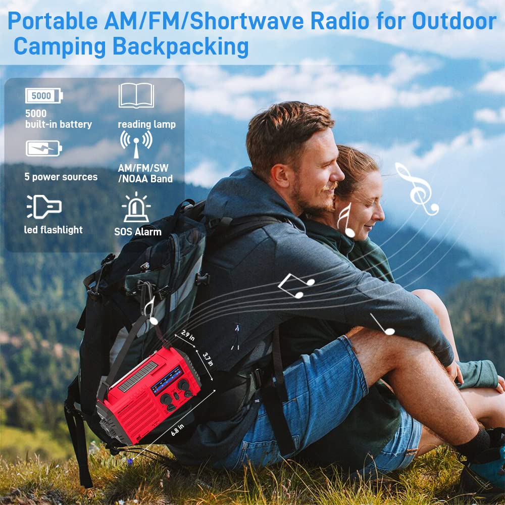 Auto NOAA Emergency Weather Radio, Solar Hand Crank Radio,Portable Battery Operated Emergency Radio with AM FM Shortwave,USB Charger,LED Flashlight,Clock, SOS Alert for Home Outdoors Camping Survival