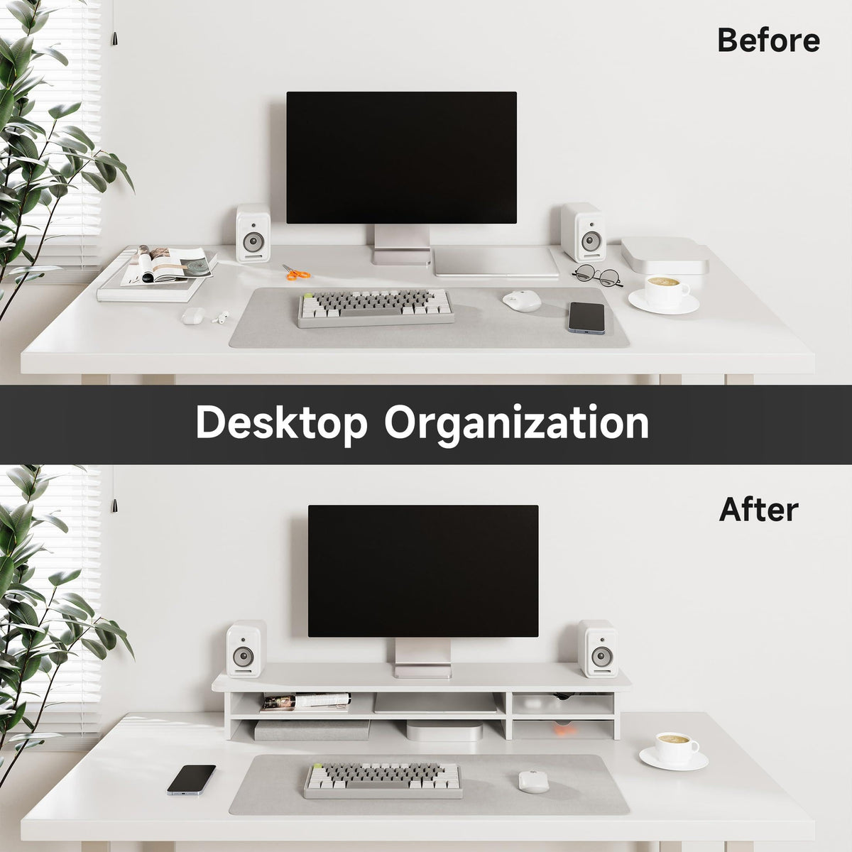 Fenge Monitor Stand, Desk Computer Riser with Frosted Storage Drawer, Oak