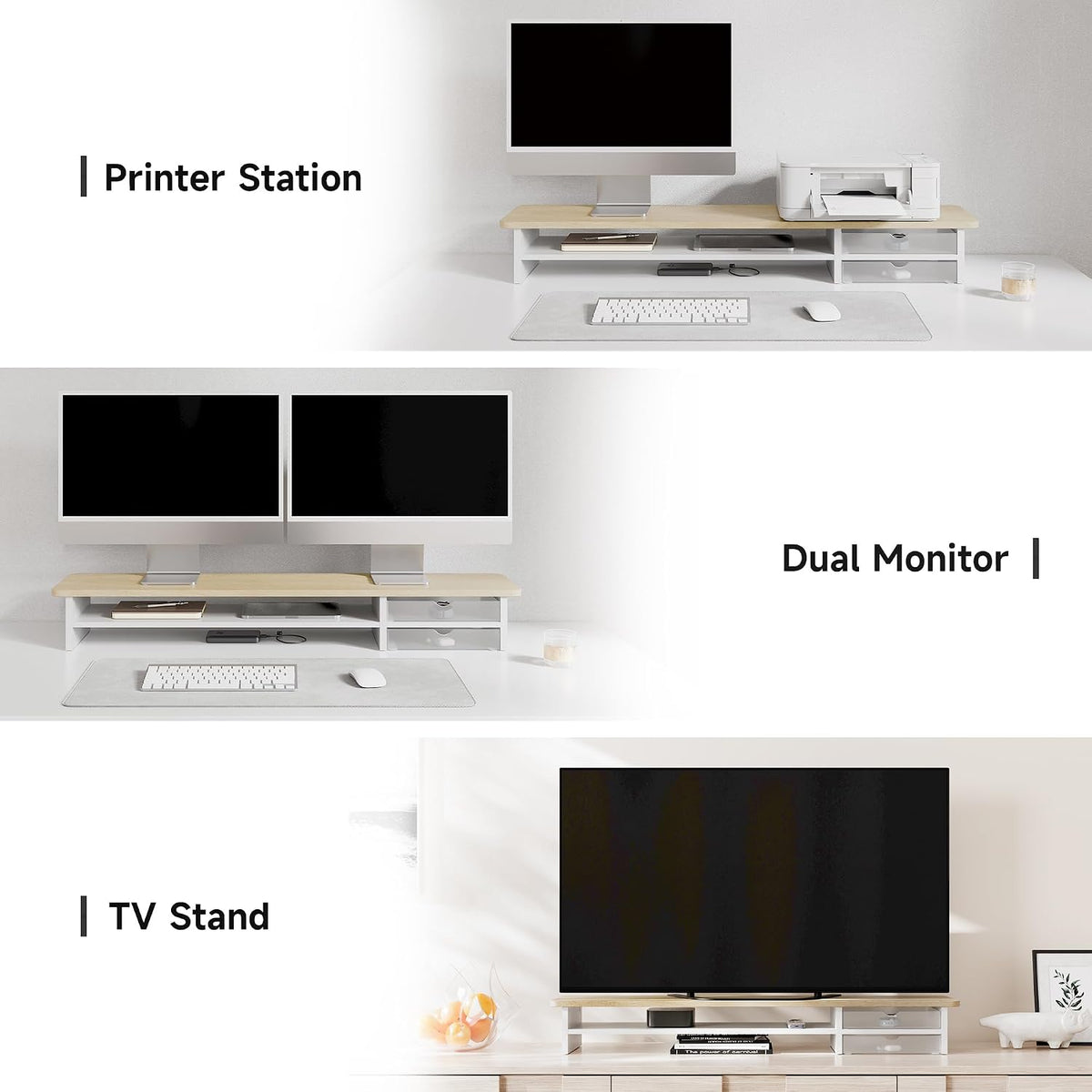 Fenge Monitor Stand, Desk Computer Riser with Frosted Storage Drawer, Oak