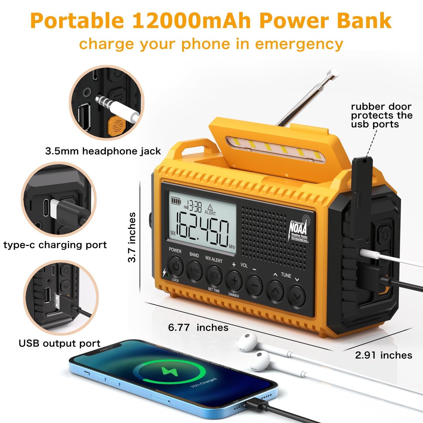 Auto NOAA Emergency Weather Radio, Solar Hand Crank Radio,Portable Battery Operated Emergency Radio with AM FM Shortwave,USB Charger,LED Flashlight,Clock, SOS Alert for Home Outdoors Camping Survival