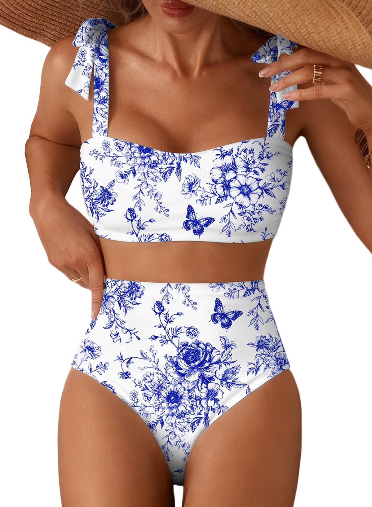 Herseas Women's Tie Shoulder Bikini Sets 2 Piece High Waisted Swimsuits