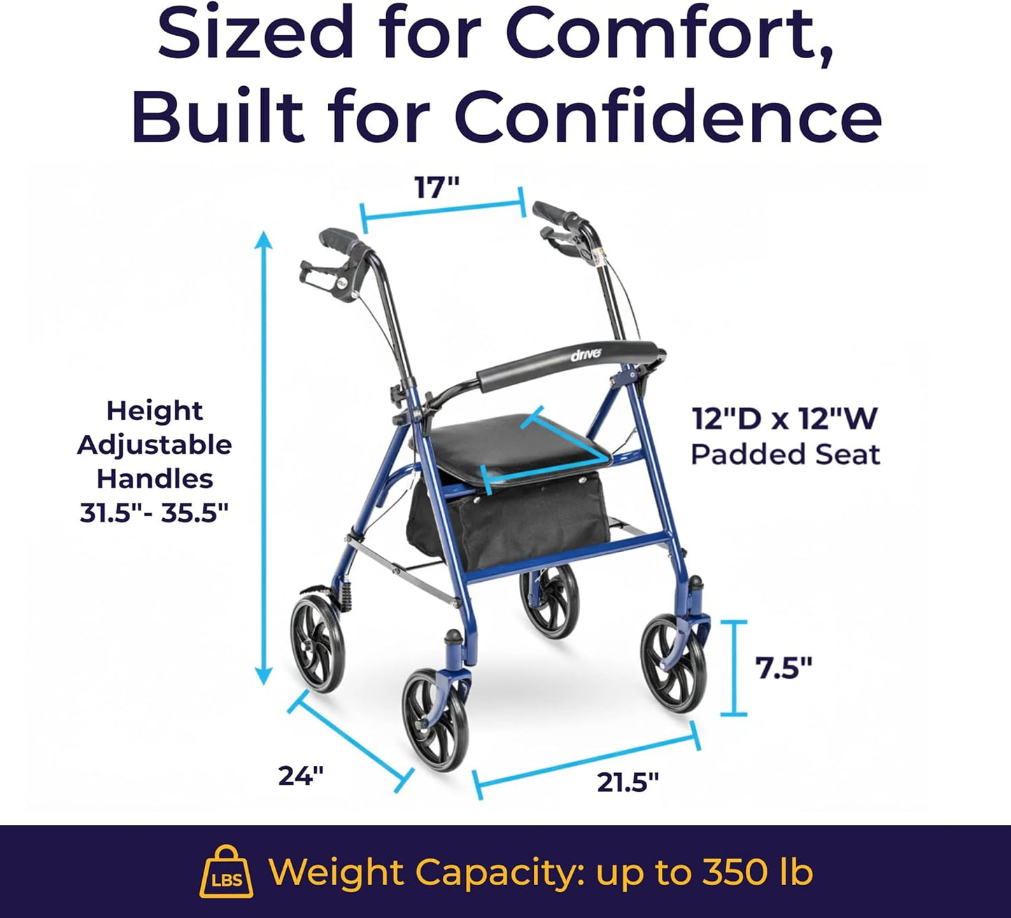 Drive Medical 10257BL-1 4 Wheel Rollator Walker With Seat, Steel Rolling Walker, Height Adjustable, 7.5" Wheels, Removable Back Support, 300 Pound Weight Capacity, Blue