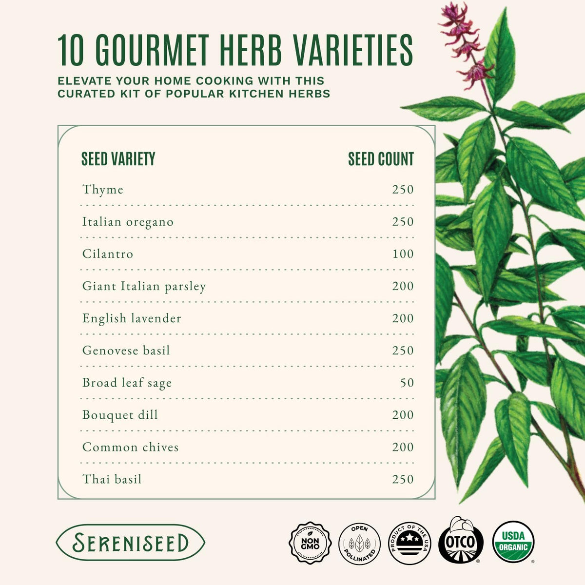 Sereniseed Certified Organic Herb Seeds 10-Pack, Culinary Garden Kit