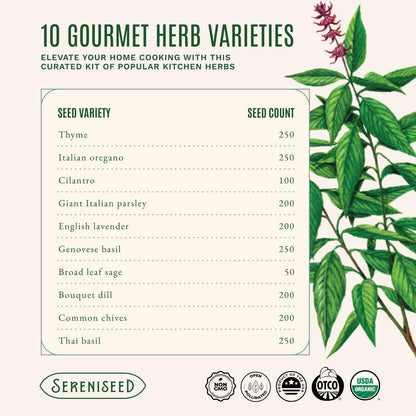 Sereniseed Certified Organic Herb Seeds 10-Pack, Culinary Garden Kit