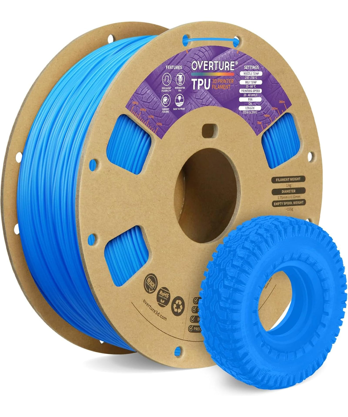 OVERTURE TPU 95A Flexible 3D Printer Filament 1.75mm, 1kg Black