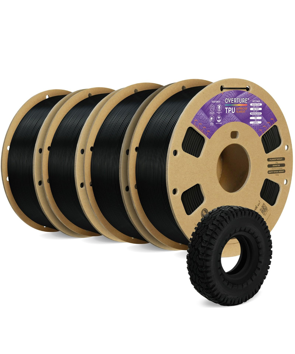 OVERTURE TPU 95A Flexible 3D Printer Filament 1.75mm, 1kg Black