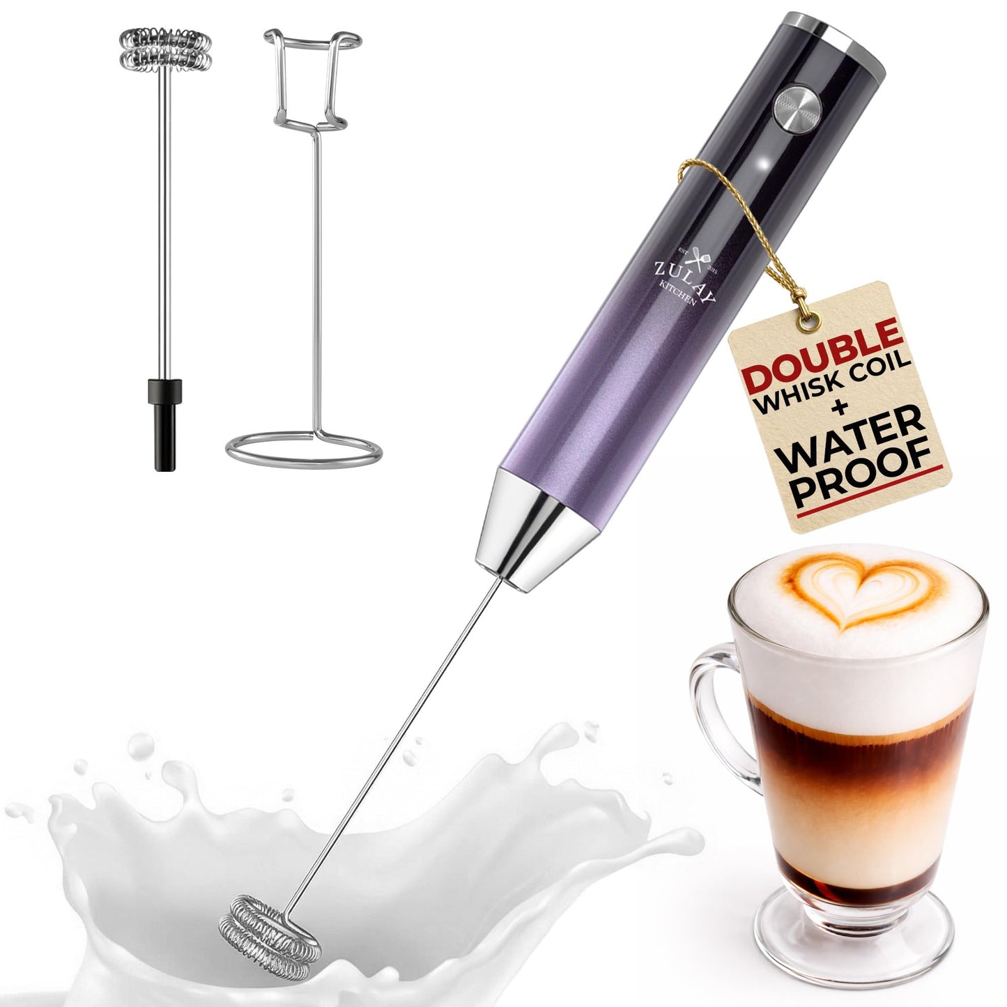 Zulay Kitchen Powerful Milk Frother Wand With 2 Duracell Batteries - Ultra Fast Handheld Drink Mixer - Electric Whisk Foam Maker for Coffee, Lattes, Cappuccino, Matcha, Hot Chocolate & Creamer - Black