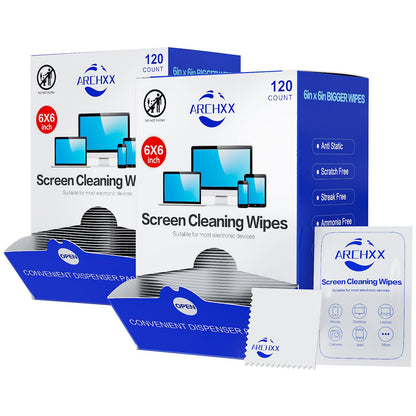 ARCHXX Screen Wipes for Electronics, 120 Count 6"x6" Pre-Moistened Screen Cleaner for Screens, Computer,Laptop,Tablet,Phone,Monitor,Car Screen Cleaner, Lens Wipes Individually Wrapped