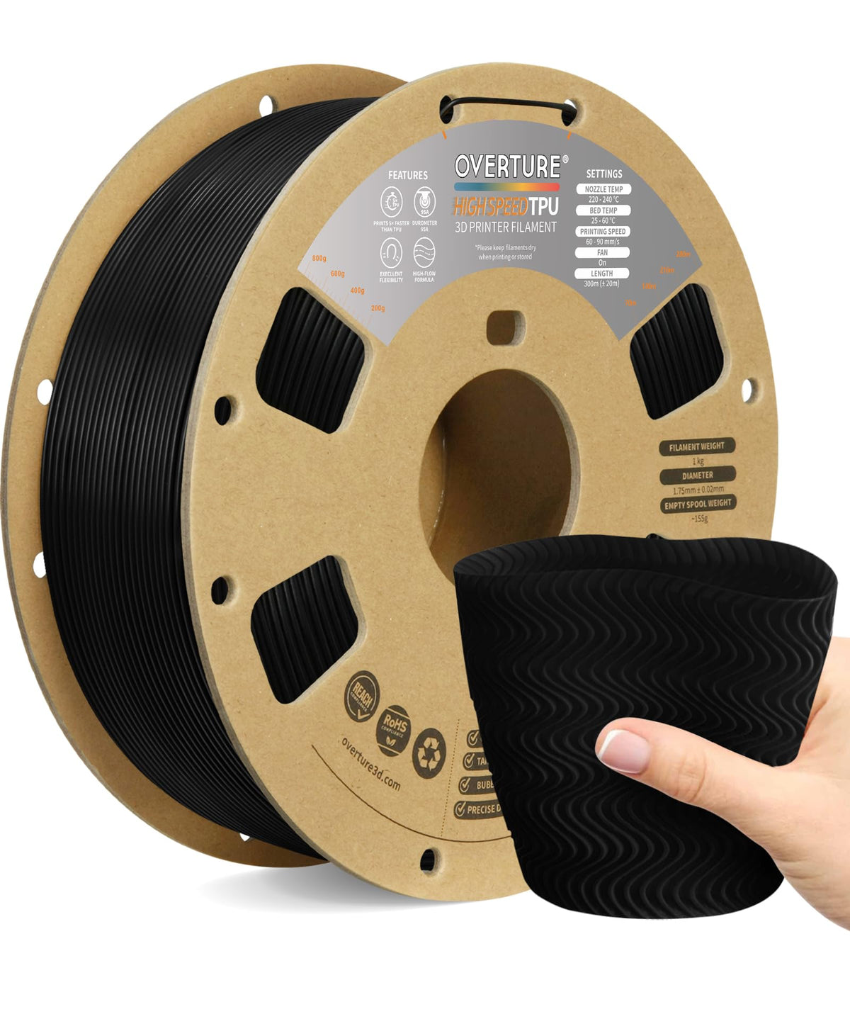OVERTURE TPU 95A Flexible 3D Printer Filament 1.75mm, 1kg Black