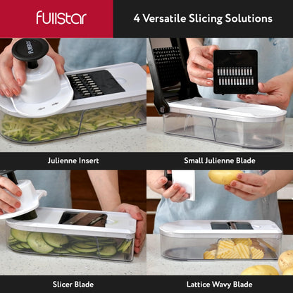 Fullstar Mandoline Slicer for Kitchen - Vegetable Chopper, Onion Potato Food Veggie Fruit Slicer and Cutter with Container, Kitchen Gadgets & Gifts, Home Essentials (10-in-1, White/Black)