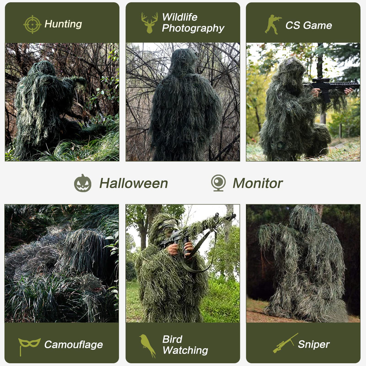 MOPHOTO 5 in 1 Ghillie Suit 3D Camouflage Hunting Suits - Jacket, Pants, Hood, Carry Bag for Adults & Youth, M/L/XL/XXL