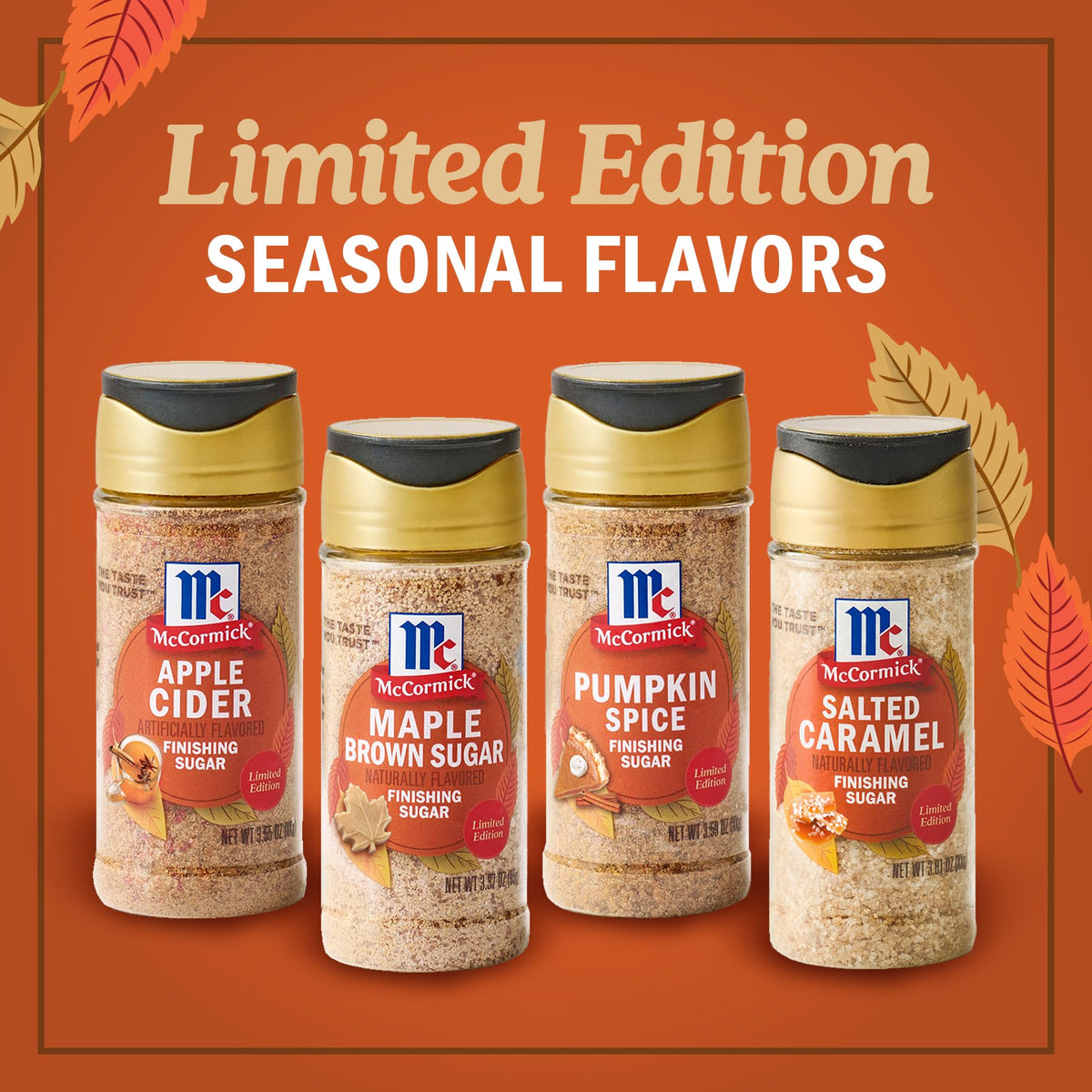 McCormick Finishing Sugar, Pumpkin Spice, Limited Edition, Sweet Blend of Warm Pumpkin Spices, The Perfect Finish for Cookies, Muffins, Pancakes, Bread, and More, 3.66 oz