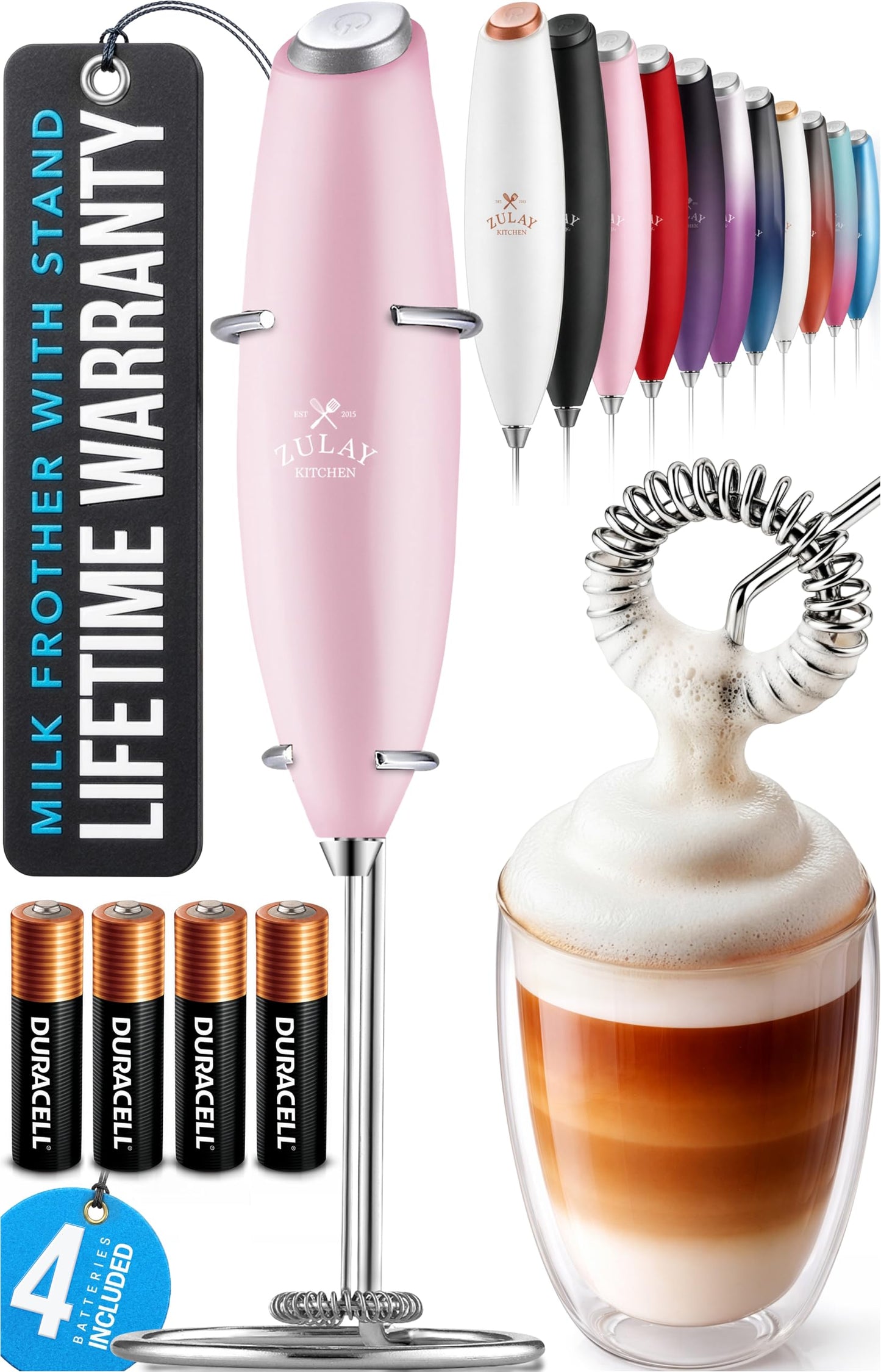 Zulay Kitchen Powerful Milk Frother Wand With 2 Duracell Batteries - Ultra Fast Handheld Drink Mixer - Electric Whisk Foam Maker for Coffee, Lattes, Cappuccino, Matcha, Hot Chocolate & Creamer - Black