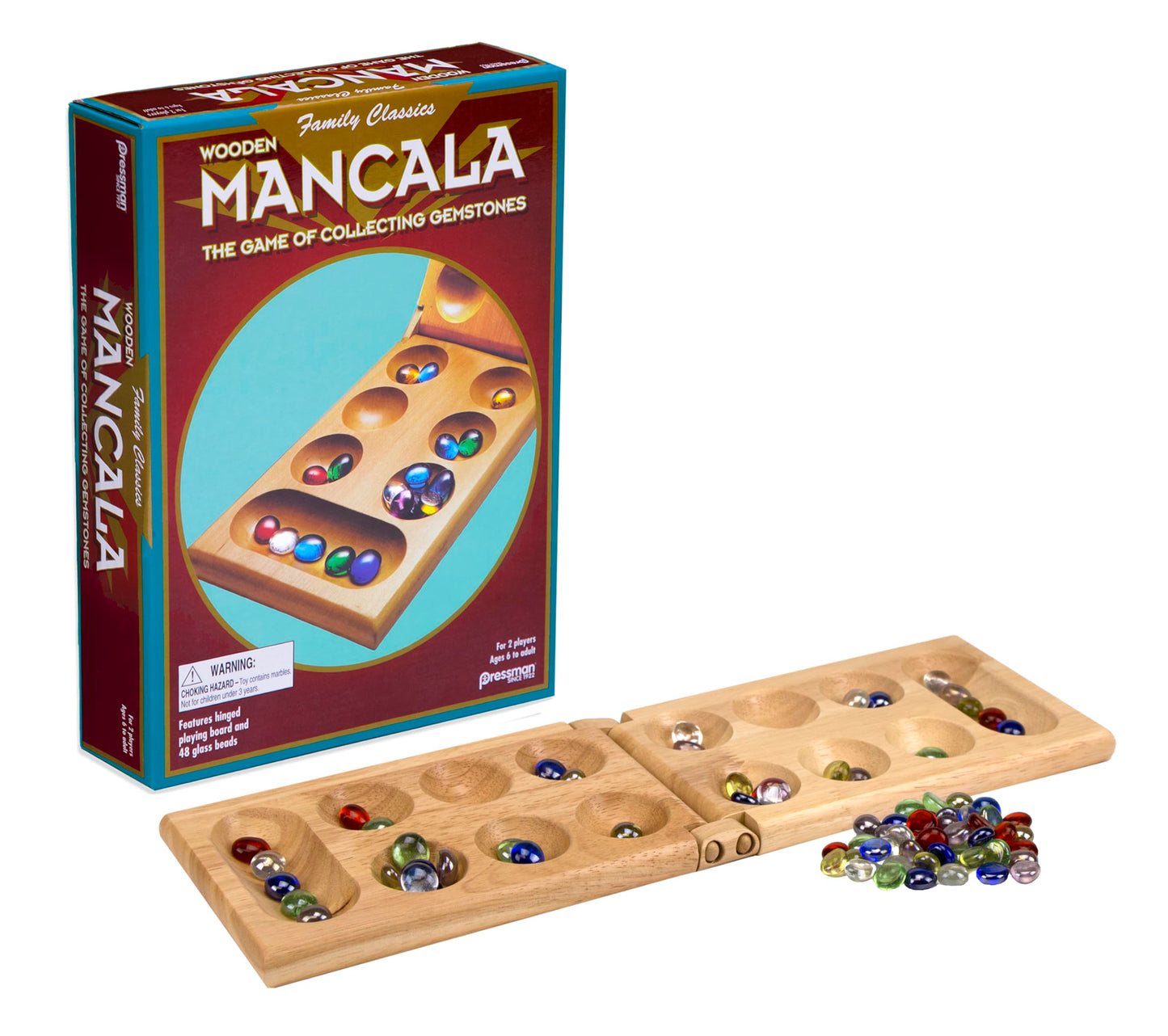 Pressman Mancala - Real Wood Folding Set, with Multicolor Stones by Pressman, 2 players