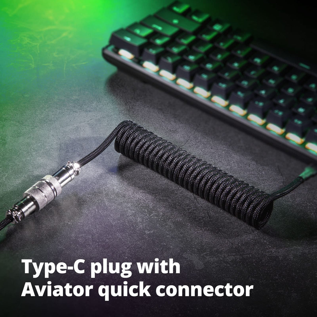 GUNMJO Pro Custom Coiled USB C Cable for Gaming Keyboard, Double-Sleeved Mechanical Keyboard Cable with Detachable Metal Aviator, 1.5M USB-C to USB-A, Carbon Black Color
