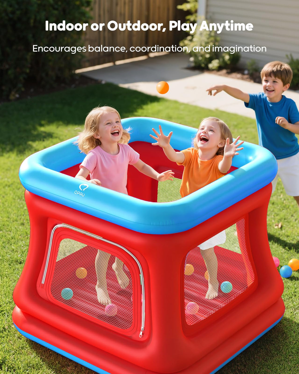 QPAU 3-in-1 Inflatable Bounce House with Pump for Toddlers 1-3