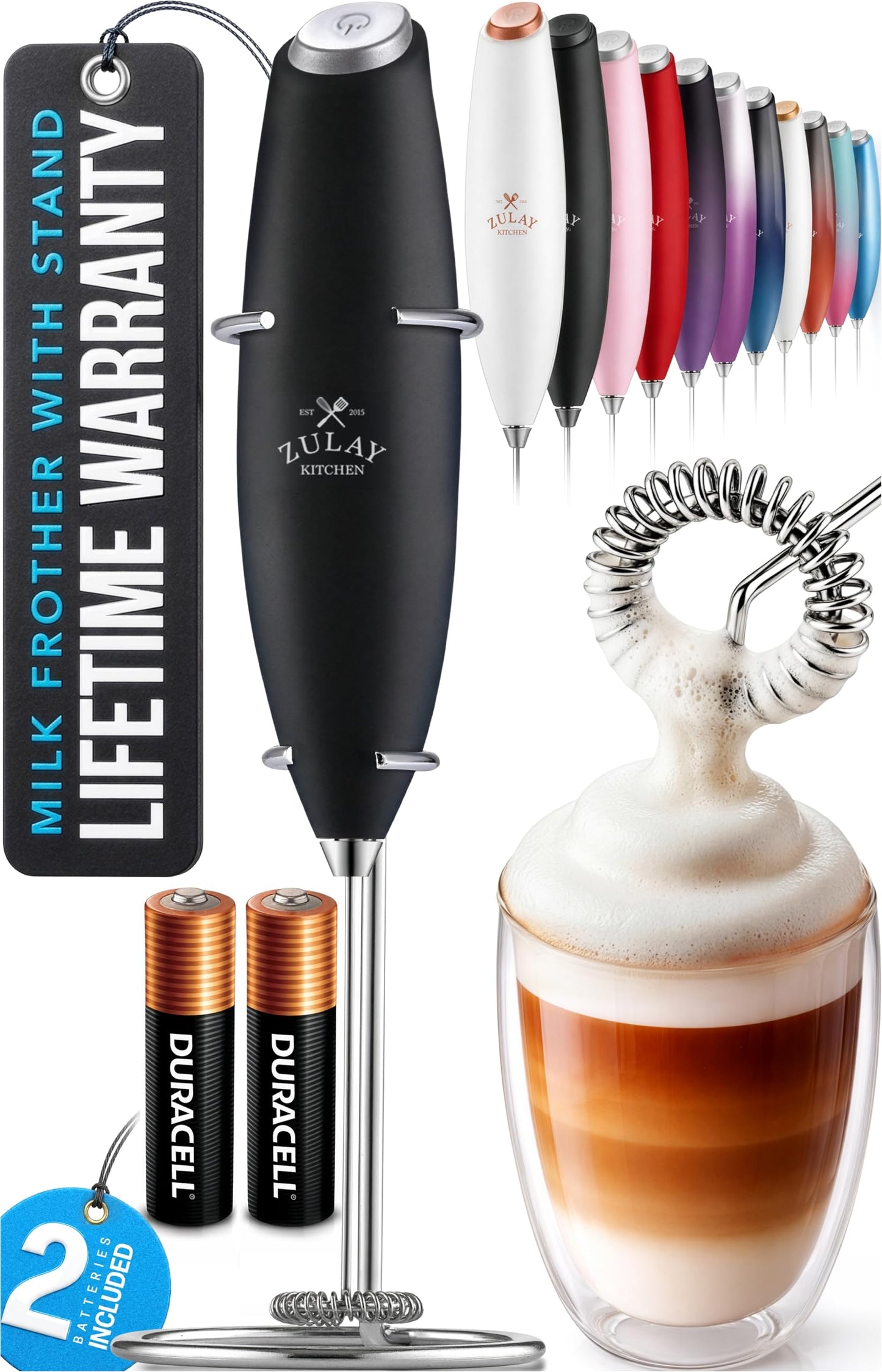 Zulay Kitchen Powerful Milk Frother Wand With 2 Duracell Batteries - Ultra Fast Handheld Drink Mixer - Electric Whisk Foam Maker for Coffee, Lattes, Cappuccino, Matcha, Hot Chocolate & Creamer - Black