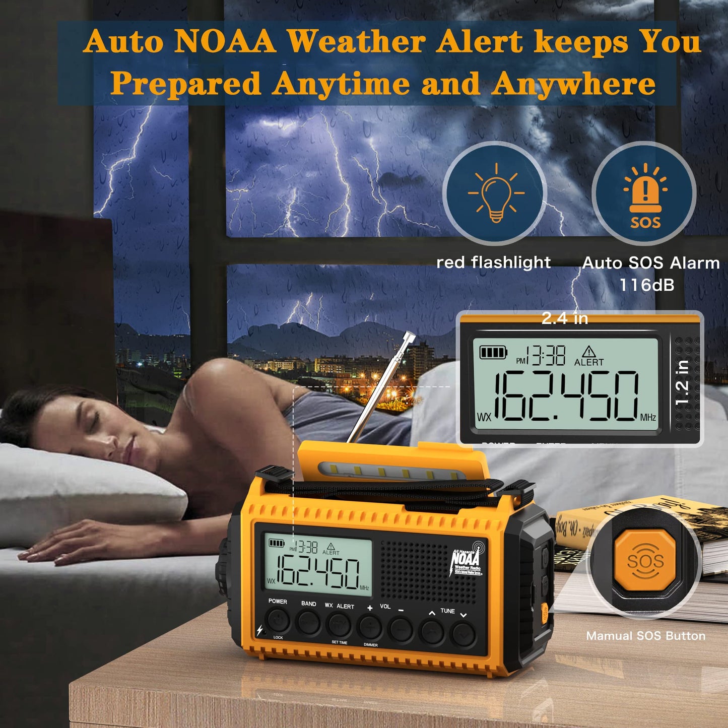Auto NOAA Emergency Weather Radio, Solar Hand Crank Radio,Portable Battery Operated Emergency Radio with AM FM Shortwave,USB Charger,LED Flashlight,Clock, SOS Alert for Home Outdoors Camping Survival
