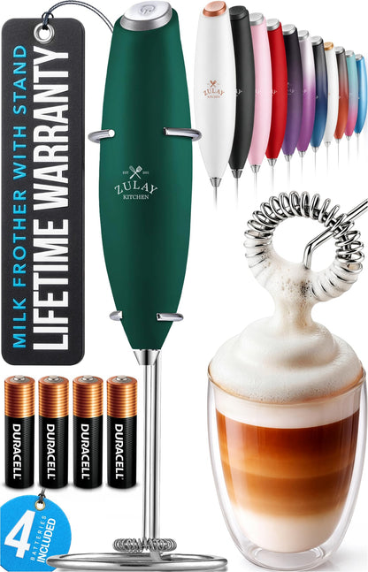 Zulay Kitchen Powerful Milk Frother Wand With 2 Duracell Batteries - Ultra Fast Handheld Drink Mixer - Electric Whisk Foam Maker for Coffee, Lattes, Cappuccino, Matcha, Hot Chocolate & Creamer - Black