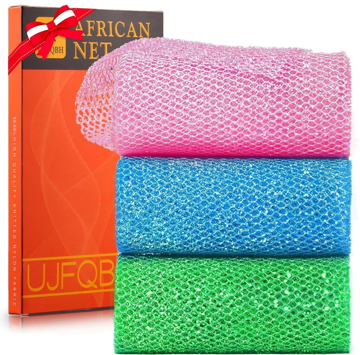 UJFQBH 3 Pieces African Bath Sponge African Net Long Net Bath Sponge Exfoliating Shower Body Scrubber Back Scrubber Skin Smoother,Great for Daily Use (Pink,Yellow,Purple)