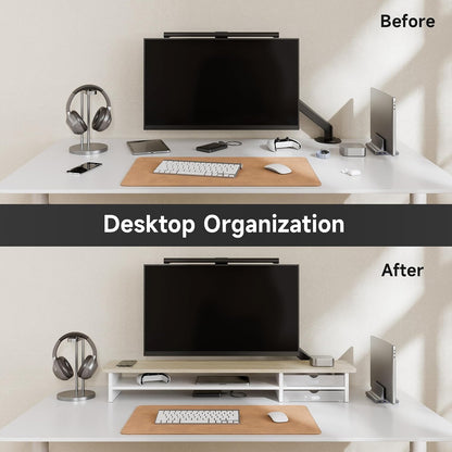 Fenge Monitor Stand, Desk Computer Riser with Frosted Storage Drawer, Oak