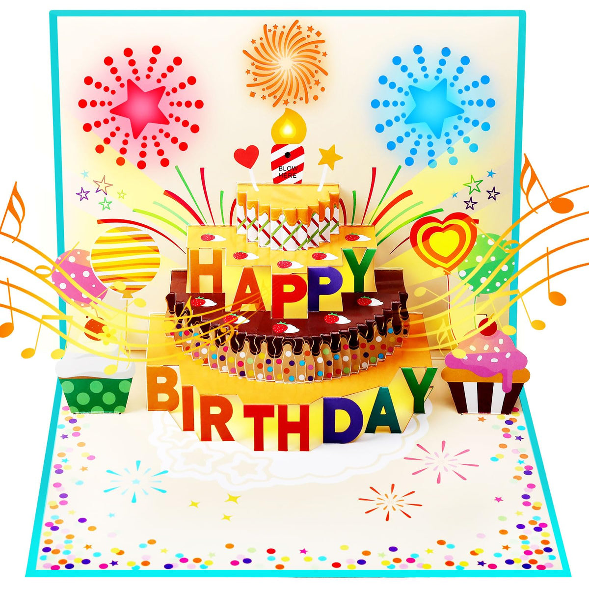 Pop Up Birthday Cards for Men, LED Light & Music Blow The Candle