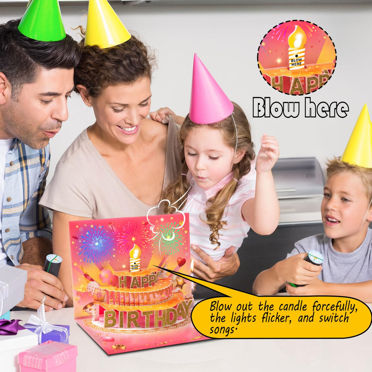 Pop Up Birthday Cards for Men, LED Light & Music Blow The Candle