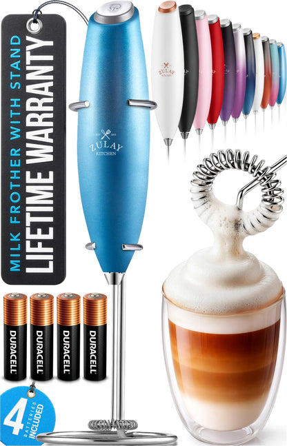Zulay Kitchen Powerful Milk Frother Wand With 2 Duracell Batteries - Ultra Fast Handheld Drink Mixer - Electric Whisk Foam Maker for Coffee, Lattes, Cappuccino, Matcha, Hot Chocolate & Creamer - Black